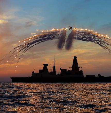 Lynx counter measures deployed over Type 45 Guided Missile Destroyer